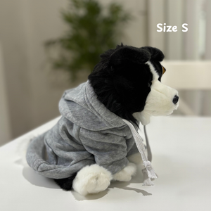 Dog wearing a gray hoodie with 'Size S' text on a light background