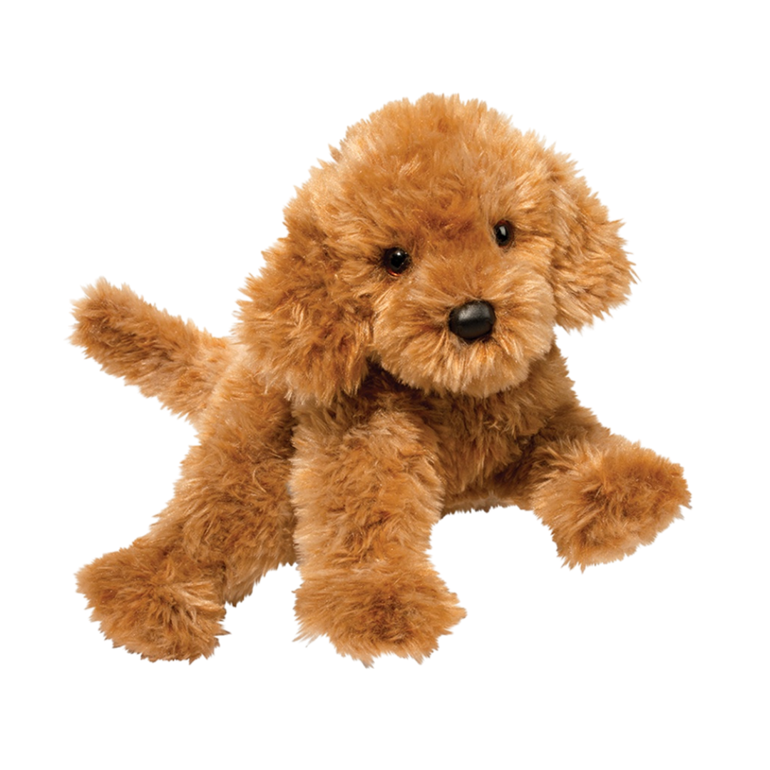 Brown plush dog toy on a white background