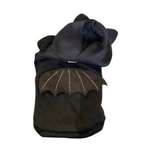 Black Hoodie for pet with bat wings for halloween on a white backgorund.