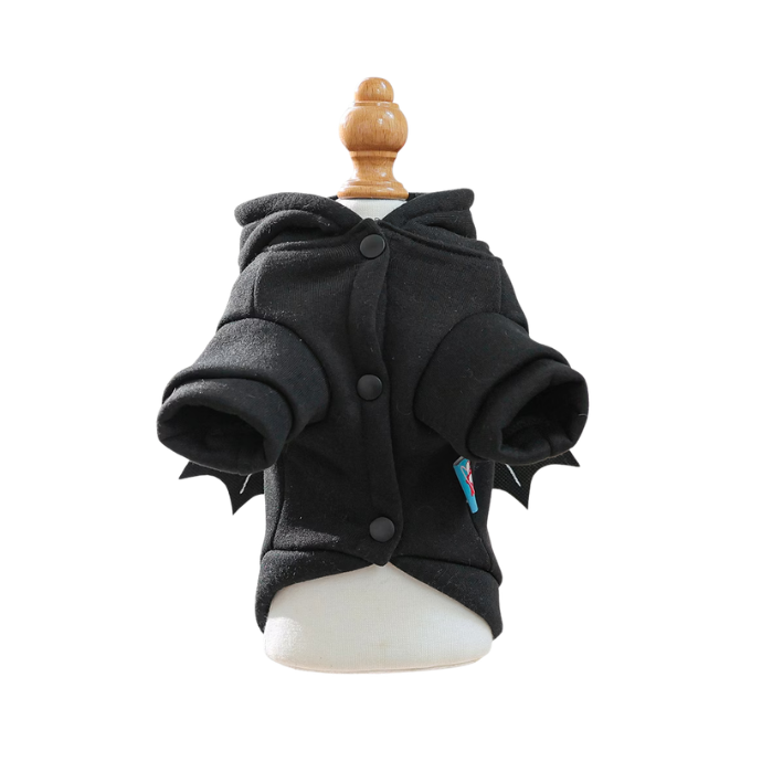 Front of black pet halloween costume showing press snaps on hoodie.