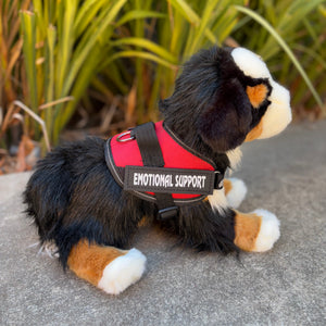 The Bernese Mountain dog emotional support stuffed animal side view showing red essa gear