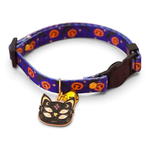 A Blue pet collar with an orange and black pumpkin pattern, featuring a dangling black cat face bell with gold trim and a small gold bell.
