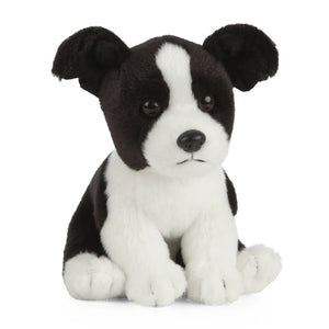 Black and white stuffed dog toy on a white background