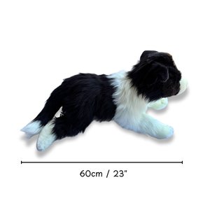 Plush toy dog with dimensions 60cm / 23" on a white background