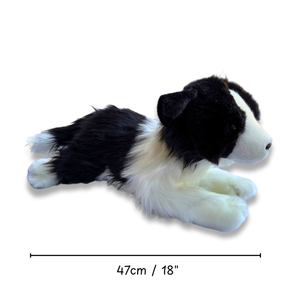 Plush toy dog with dimensions labeled on a white background
