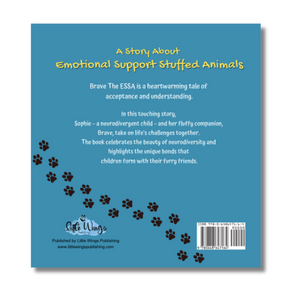 Back cover of a children's picture book - Brave The ESSA - a book about Emotional Support Stuffed Animals - ESSA