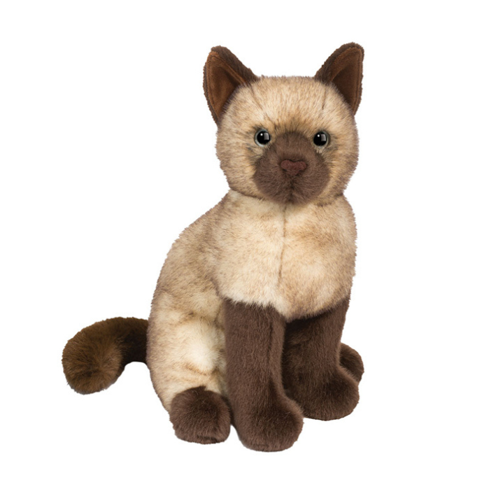 A plush stuffed cat toy with a cream and tan body and dark brown ears, paws, and tail, shown against a plain white background.