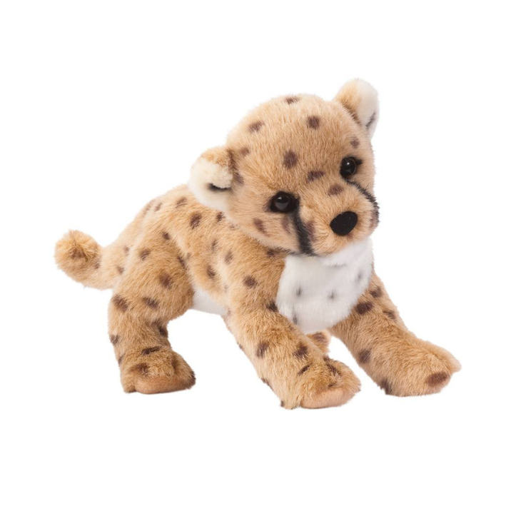 A plush toy baby cheetah cub in a crawling pose, featuring tan fur with dark brown spots, a white chest, and black eyes, set against a plain white background.