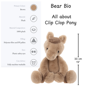 Plush toy horse with bio information on a white background