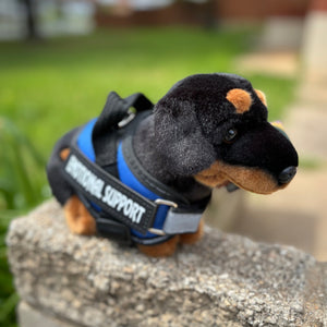 Dachshund Dog - Plushie - ESSA - Living Nature - Emotional Support Stuffed Animal wearing blue essa gear emotional support vest