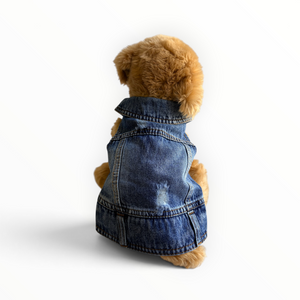 A small fluffy tan dog viewed from behind, wearing a blue denim vest, photographed on a clean white studio background.