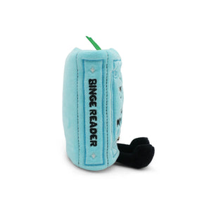 Blue plush toy with 'Binge Reader' text on a white background