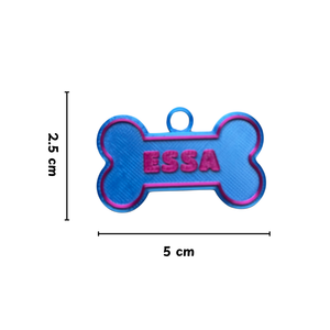 Blue bone-shaped pet tag with 'ESSA' engraved, showing dimensions on a white background.