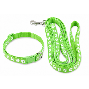 A bright green pet collar and matching leash set with white paw print patterns and silver metal hardware, shown on a plain white background.