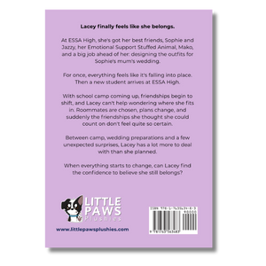 The back cover of a Little Paws Plushies book or booklet, featuring a light purple background with a black-and-white cartoon character logo, a synopsis of the story 'Lacey finally feels like she belongs,' a barcode, and the website www.littlerawsplushies.