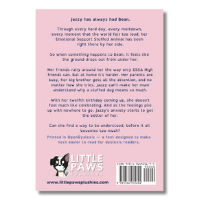 Back cover of a children's book titled 'Jazzy has always had Bean' by Little Paws Plushies, featuring a light pink background with black text, a cartoon dog illustration, ISBN 9781478451519, and a barcode.