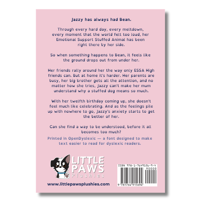 Back cover of a children's book titled 'Jazzy has always had Bean' by Little Paws Plushies, featuring a light pink background with black text, a cartoon dog illustration, ISBN 9781478451519, and a barcode.