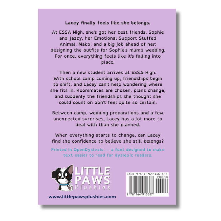 Back cover of a Little Paws Plushies book on a light lavender background, with the title and author name at the top, several paragraphs of text, a barcode, and the Little Paws Plushies logo at the bottom.
