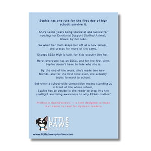 A square printed card or poster with a light blue background featuring a poem about a first day of high school, with the Little Paws Plushies logo and website at the bottom.