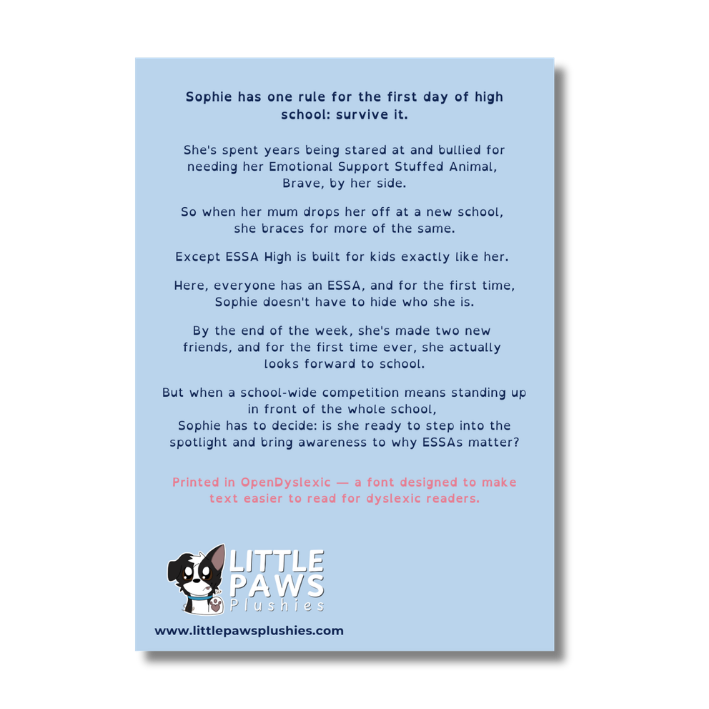 A square printed card or poster with a light blue background featuring a poem about a first day of high school, with the Little Paws Plushies logo and website at the bottom.