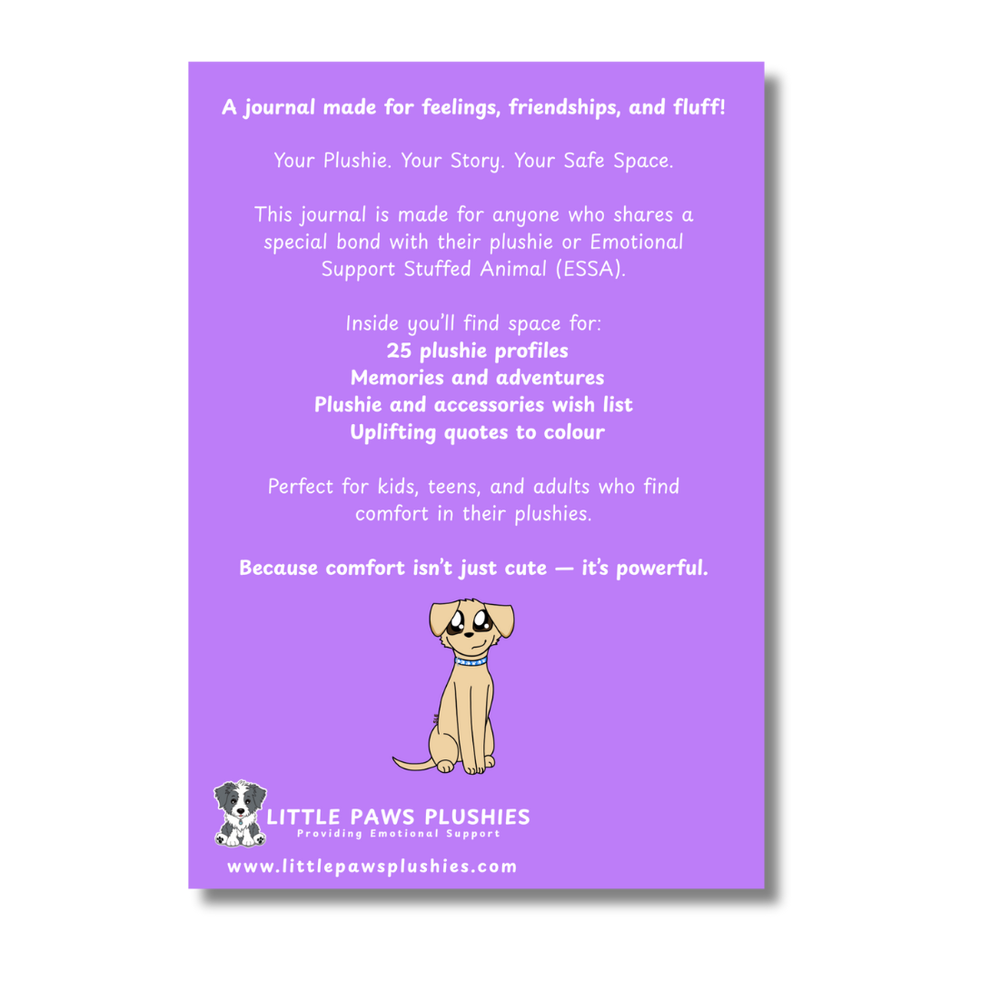 Purple journal cover with text and a cartoon dog illustration on a white background
