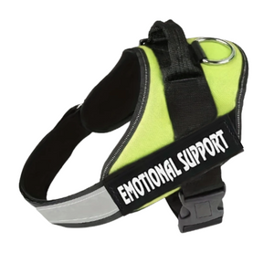 Green dog harness with 'EMOTIONAL SUPPORT' text on a white background