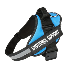 Blue dog harness with 'EMOTIONAL SUPPORT' text on a white background