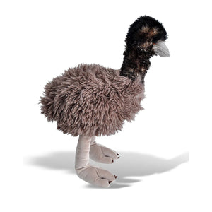 A plush toy ostrich standing on a white background with a soft shadow underneath. The toy features fluffy brown and gray feathers, a dark brown to black head, and pale pinkish-beige legs and feet.
