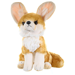Plush toy fox with brown, white, and black fur on a white background
