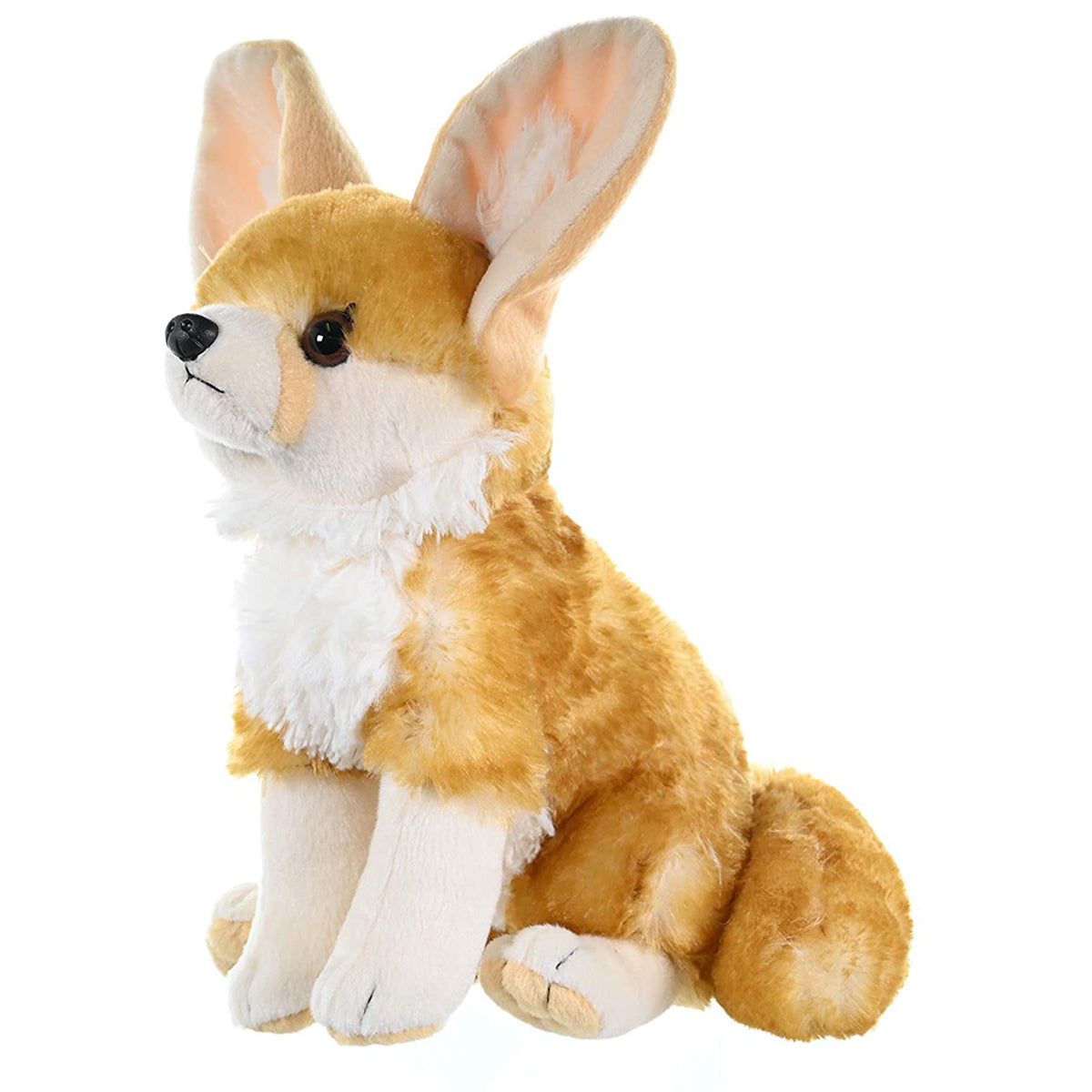 Plush toy dog with brown, white, and black fur on a white background
