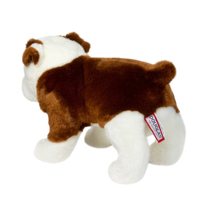 Plush bulldog toy with a visible tag on a white background