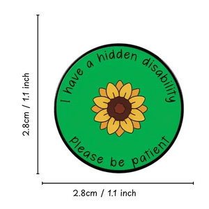 Circular sticker with sunflower design and text on a green background, with measurements indicated.