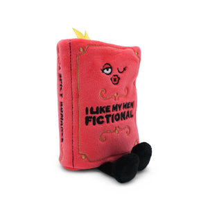 Red plush book toy with a face and text on a white background