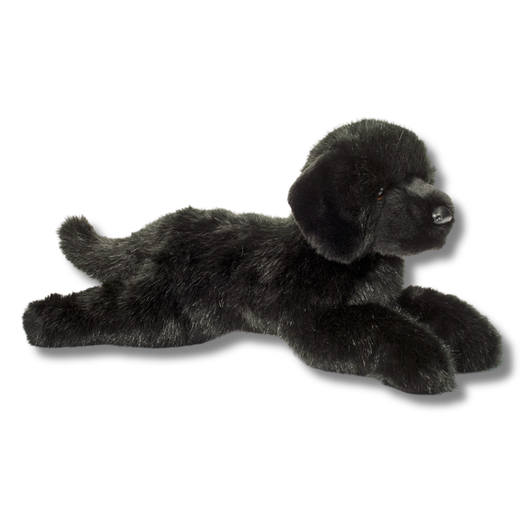Black plush dog toy on a white background