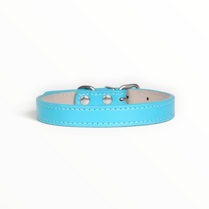 A light blue faux leather collar with silver metal hardware and a light beige interior lining, shown on a clean white background.