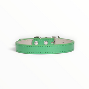 A green leather dog collar with silver-tone metal hardware and a light beige interior, shown on a clean white background.