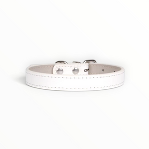 A white leather collar with silver-tone metal hardware and stitching, displayed on a clean white background.