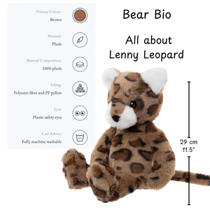 Plush toy bear with leopard pattern and bio information on a white background