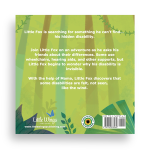 Book cover with text about Little Fox searching for his hidden disability, set against a green background with fox illustrations.