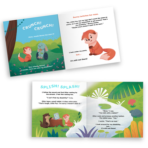 Children's book with colorful illustrations and text on a white background