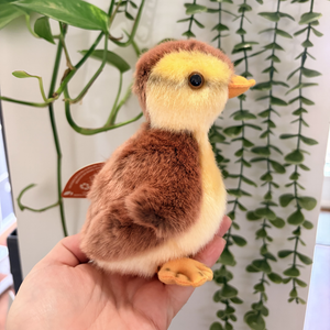 Plush toy chick held in a hand with a green leafy background