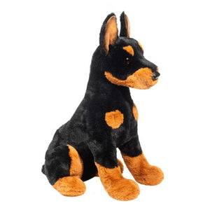 Plush toy resembling a Doberman Pinscher on a white background