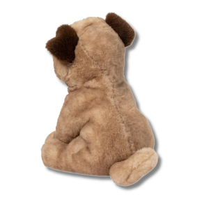 Plush dog toy with brown fur on a white background