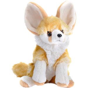 Plush toy resembling a fox with orange and white fur on a white background