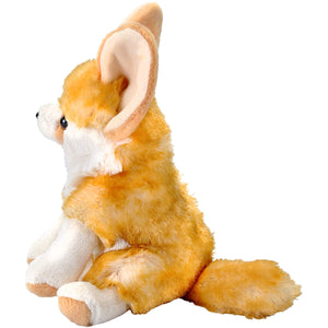 A plush toy dog with large ears, featuring golden orange and white fur, sitting on a solid white background.