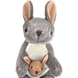 A plush stuffed animal featuring a gray rabbit with long ears, a cream-colored chest, and a small tan kangaroo nestled in its lap, set against a plain white background.