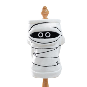 A white plush pet hoodie designed to look like a mummy, featuring black embroidered lines and cartoon eyes, displayed on a wooden dress form against a white background.