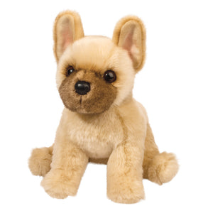 Plush toy dog with a brown face on a white background