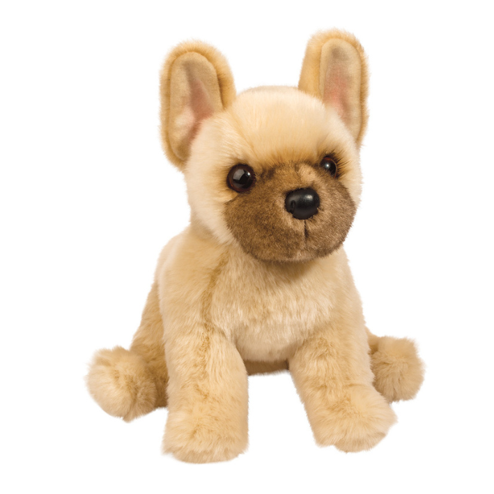 A plush toy dog with tan and light brown fur, large upright ears, and a dark brown snout, photographed against a plain white background.