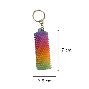 Colorful textured keychain with dimensions on a white background